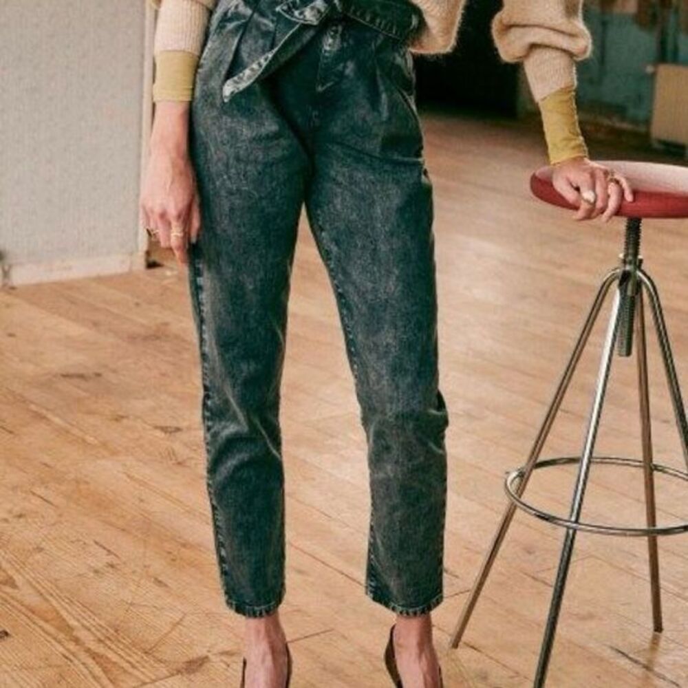 Sezane Black Washed Paperbag Straight-Leg Jeans